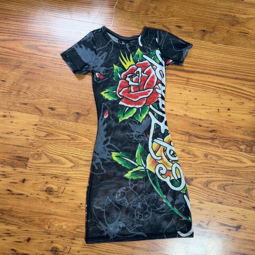 Ed Hardy Black Mesh Tattoo Print Mini Dress Skull Rose EHWS-2082 Small NWT